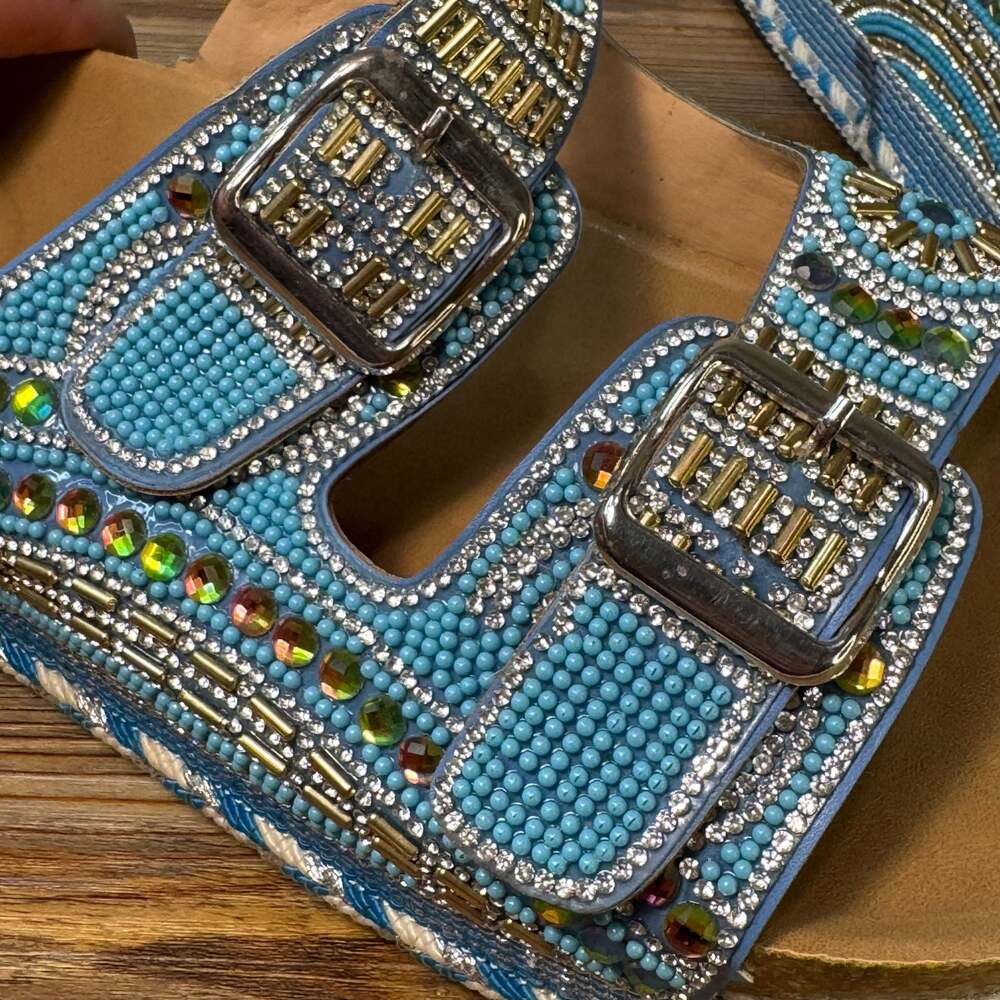 Boho Rhinestone Beaded Platform Sandals Turquoise Double Buckle Slide Size 11 - Picture 5 of 8